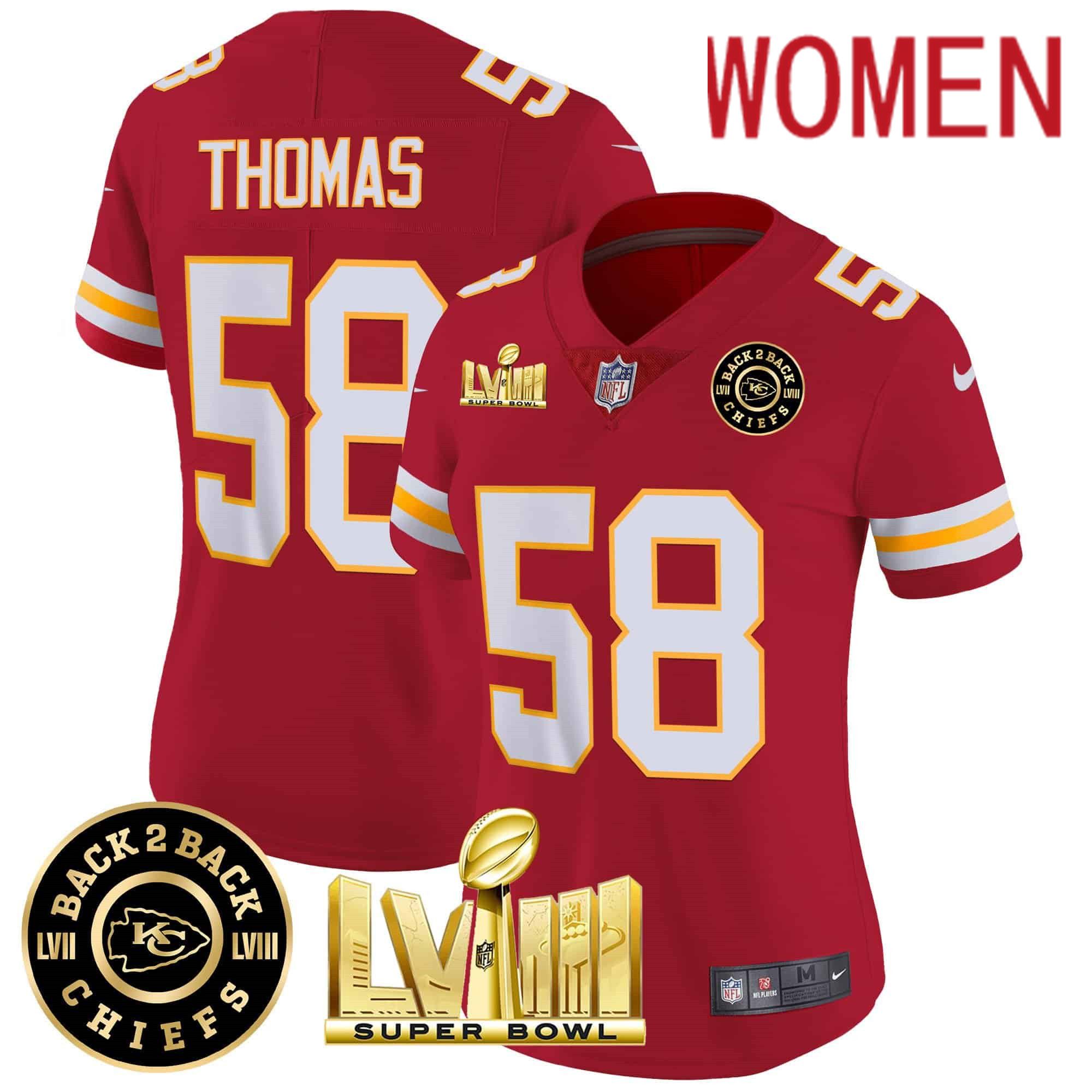 Women Kansas City Chiefs #58 Thomas Red 2024 Nike Super Bowl LVIII & Back-2-Back Patch Vapor NFL Jersey style 3